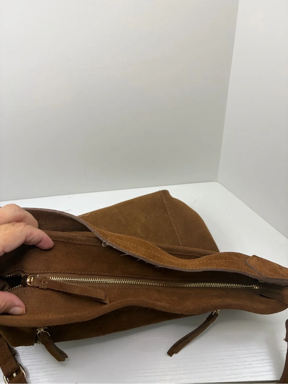 Cognac Brown Suede Leather Bohemian Hobo Crossbody Multi Gold Zipper Purse Bag